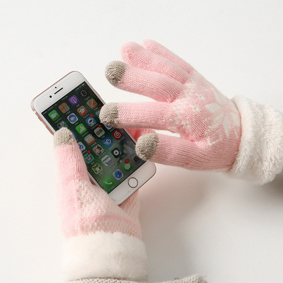 厂家直销毛线针织触屏手套 户外运动日用加厚加绒冬季保暖手套女