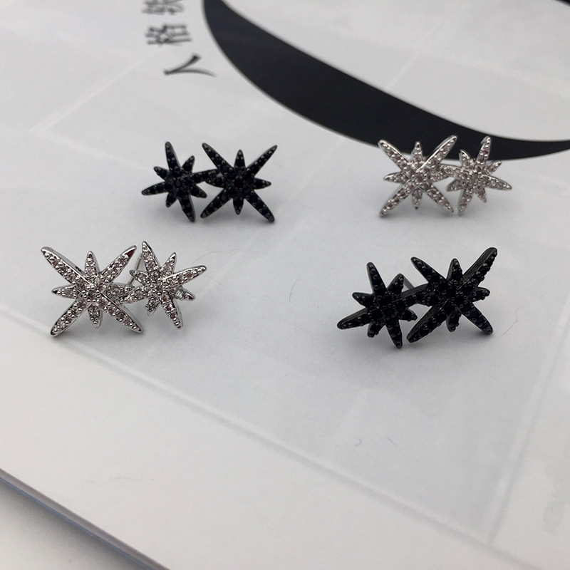 S925 Silver Needle Double Rice Word Eight-pointed Star Stud Earrings Crystal Diamond Double Meteor Earrings Earrings display picture 4