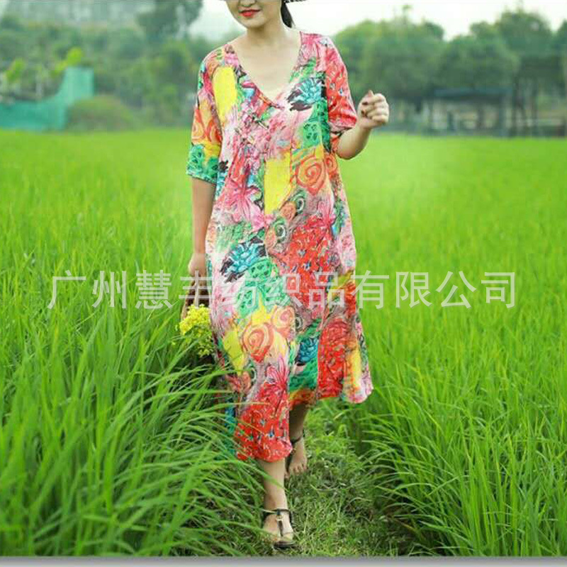 数码加工定制直喷印花厂 女装 苎麻亚麻面料棉麻女装数码印花加工