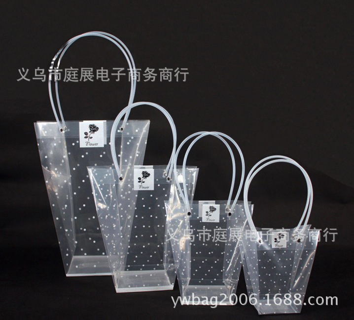 韩国梯形花袋 PP手提袋 PVC手提袋透明 皮管礼品袋塑料 现货出售
