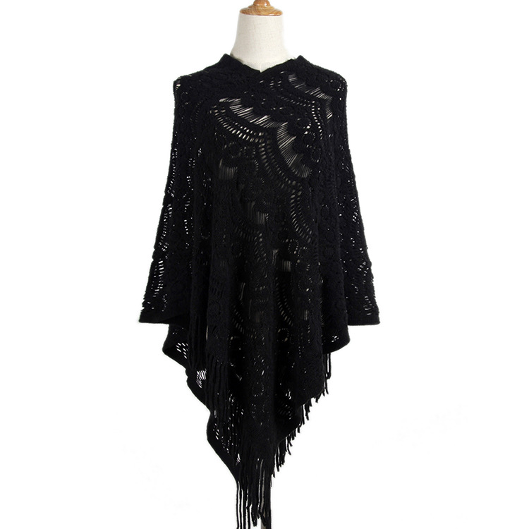 Mid-length crochet patterned hollowed-out irregular fringe pullover sweater women's cape cape sweater_voghion.com