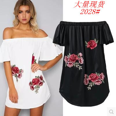 欧美女装 2022新款时尚贴布刺绣露肩一字领连衣裙打底裙
