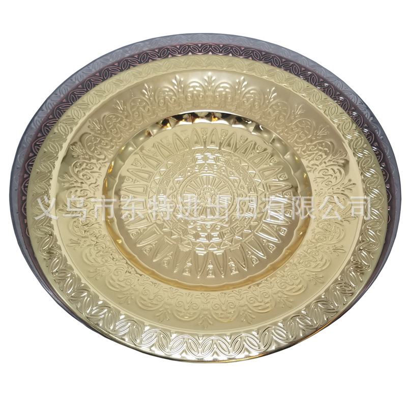 厂家直销不锈钢盘子镀金压花托盘西餐经典花盘圆形蔬菜水果盘详情图7
