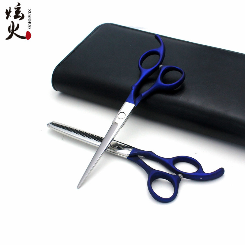 厂家直销特氟龙蓝色手柄6.0寸美发剪刀理发剪牙剪平剪定制批发