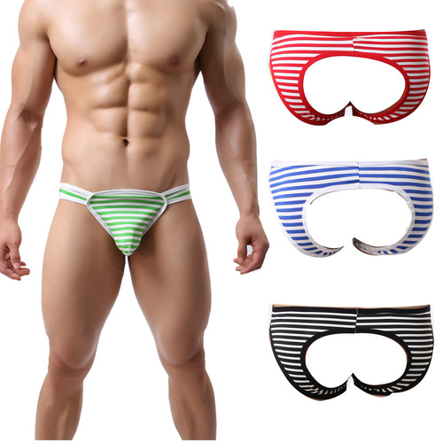 Comfortable face men's striped underwear, fashionable low-rise sexy cheek-revealing triangle briefs