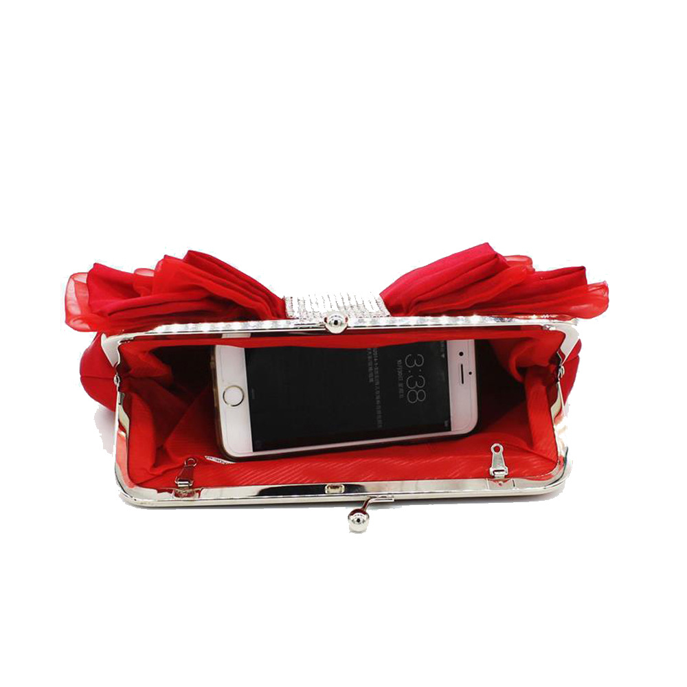 Túi clutch dạ tiệc satin nơ xếp ly đính kim cương – kèm dây đeo chéo — Màu đỏ, Màu đen, Màu Sâm panh, Màu bạc chi tiết 7