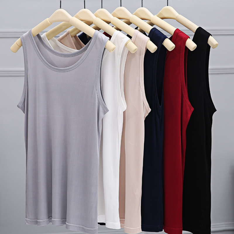 Mulberry Silk Men's Silk Vest Men's Elastic Pure Color Undershirt Knitted Loose Round Neck Sleeveless Bottoming Top for Men Mulberry Silk Men's Silk Vest Men's Elastic Pure Color Undershirt Knitted Loose Round Neck Sleeveless Bottoming Top for Men