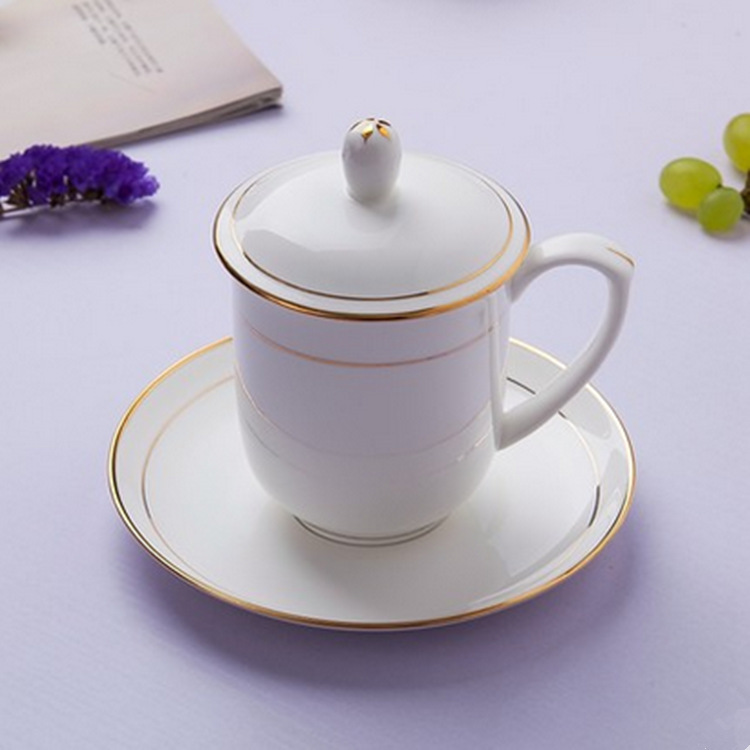 高端描金会议杯茶杯陶瓷带盖水杯办公用泡茶杯商务广告杯可定logo