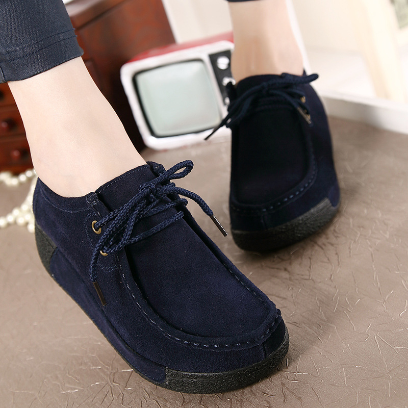 Autumn 2017 New Lace-up Casual Shoes Frosted Leather Round Toe Shake Shoes Women's Shoes Platform Thick Sole Wedge Moms Shoes