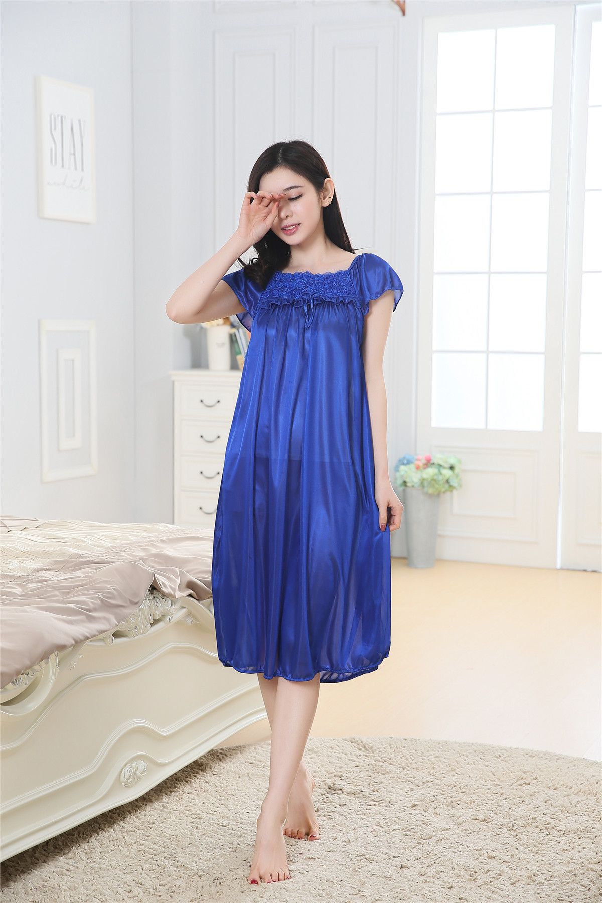 Women Sleepwear Pajamas Long Skirt Silk Comfortable Wear 4 Colour