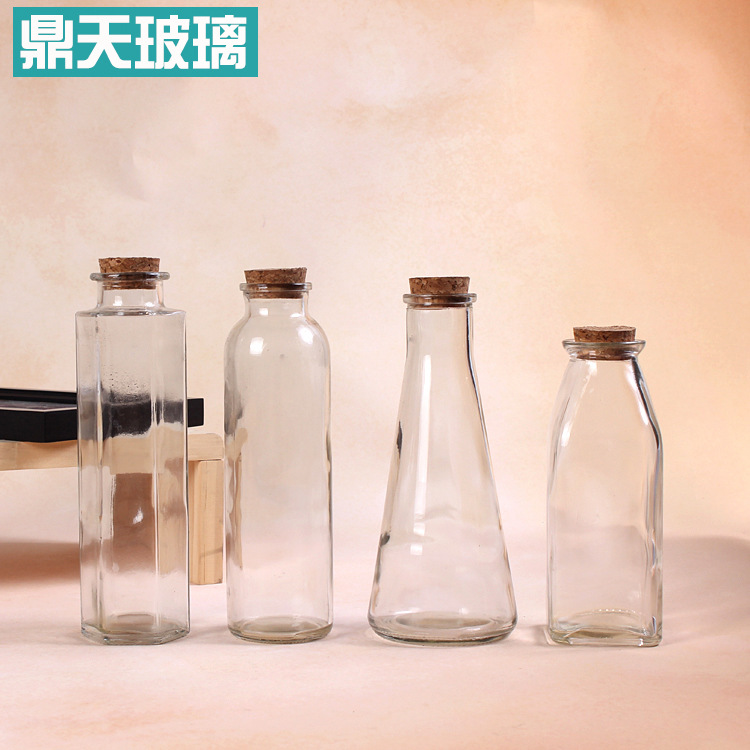 创意锥形饮料瓶透明玻璃果汁瓶木塞冷泡茶瓶型号齐全可定制