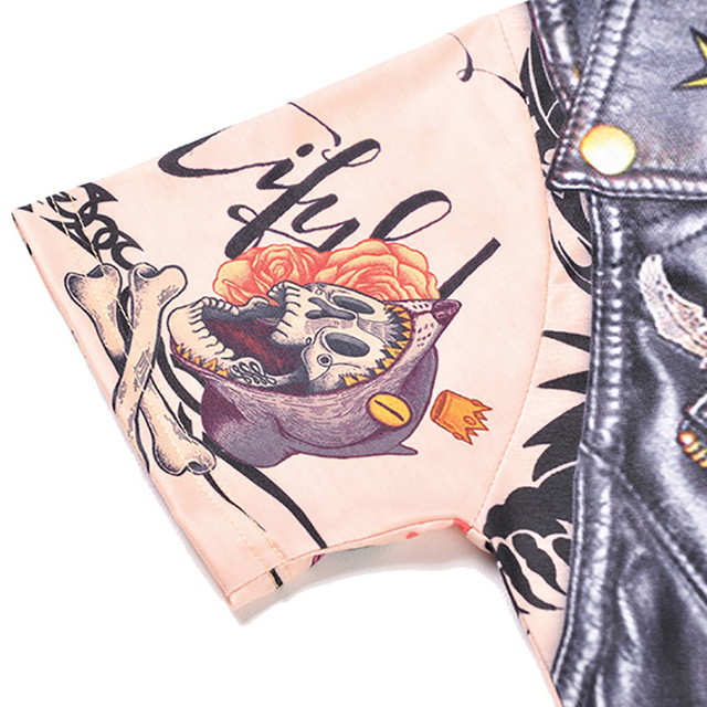 New Creative Digital Fake Two PU Leather 3D Printed T-shirt 