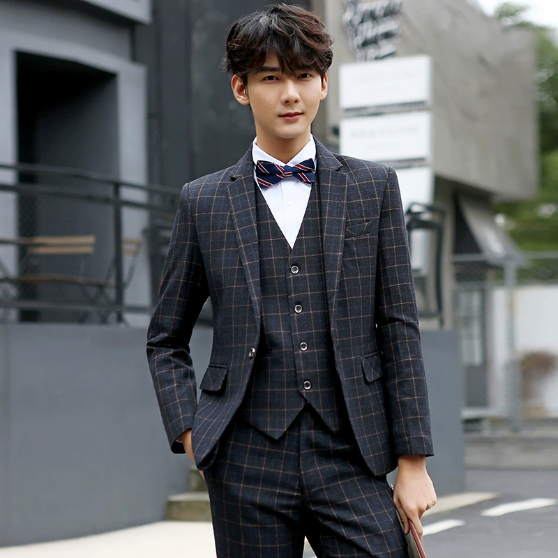Облегающий костюм-тройка в Корейском стиле, деловой Повседневный красивый костюм-тройка в клетку для молодых мужчин в британском стиле для студентов колледжа