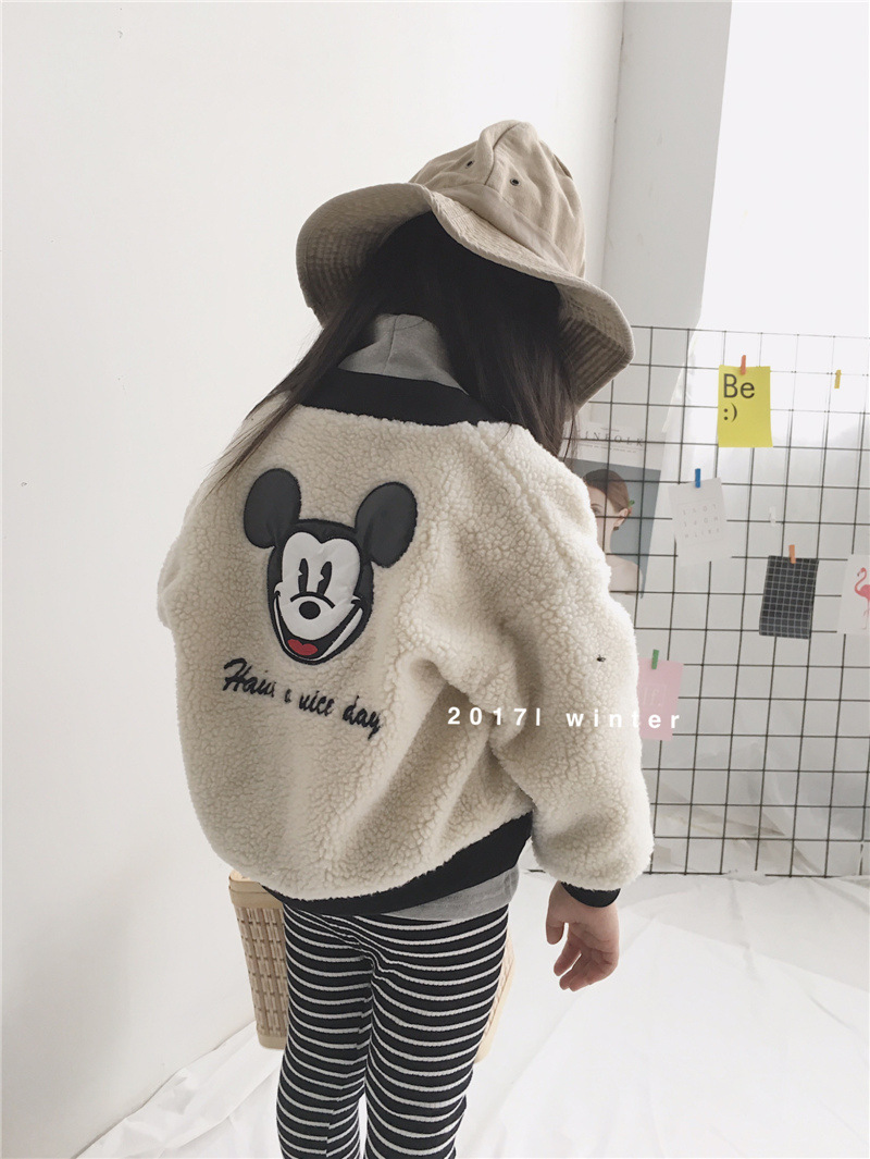 秋冬新品女童羊羔毛米奇加絨外套 寶寶加厚卡通棉服 冬季夾克潮