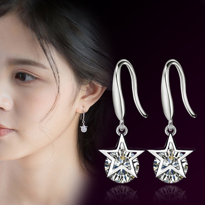 星星耳环 女 时尚约简中长款韩国百搭耳坠 五角星锆石耳饰品 批发