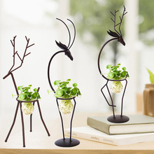 創意水培植物玻璃花瓶 歐式鐵藝鹿家居客廳裝飾擺件透明插花瓶