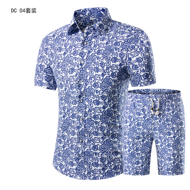 AliExpress Men's Short-sleeved Slim-fit Shirt Casual Shorts Summer New Large Size Printed Short-sleeved Suit