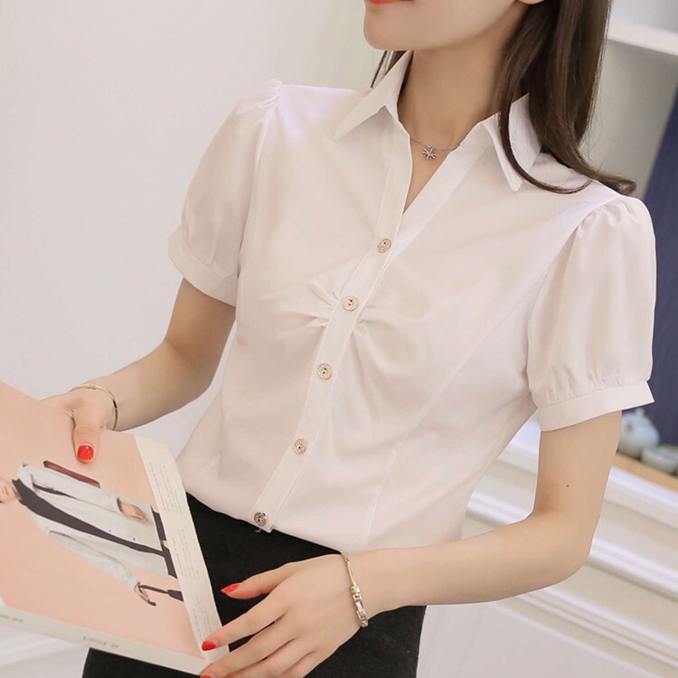 Korean Chiffon White Shirt Women's Summer Short-sleeved Business Wear Sky Blue Dress V-neck plus size Half-sleeved Shirt Women's Clothing ol