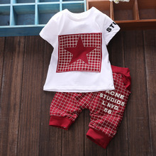 2021亞馬遜夏季新款 韓版童裝  短袖T恤 格子 兒童紅色套裝代發