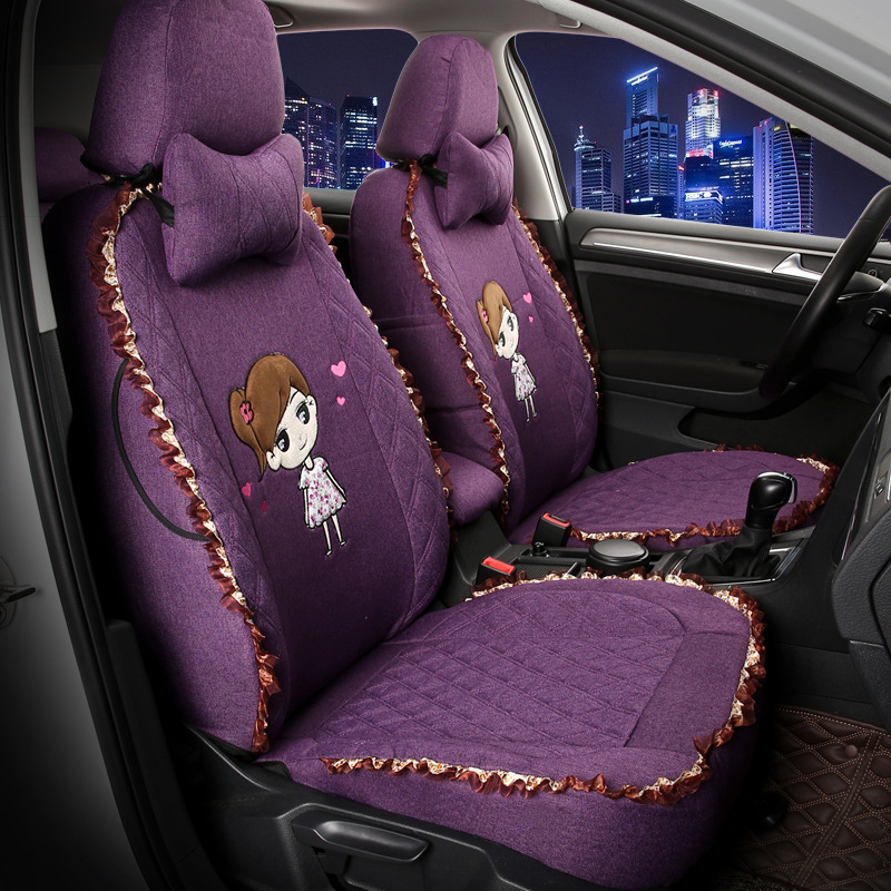 汽车座套专车专用亚麻可爱卡通蕾丝女四季通用高尔夫7POLO奥迪A3|ms