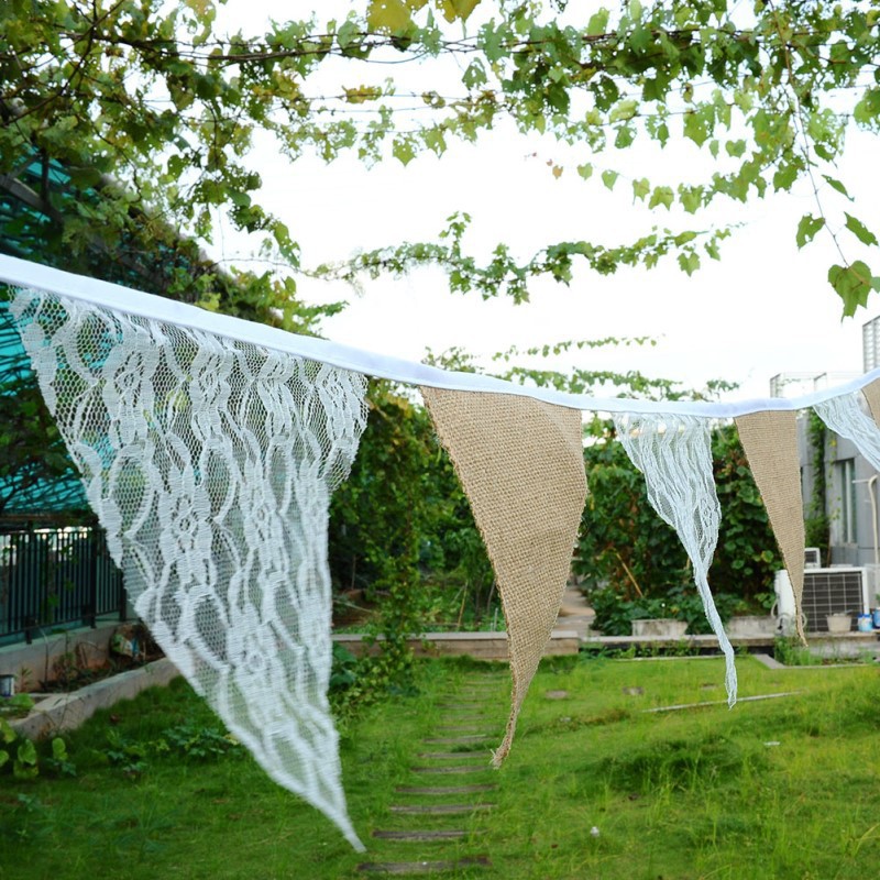 跨境专供麻布三角旗婚礼拍摄装饰蕾丝麻布拉旗 圣诞拉花布置用品