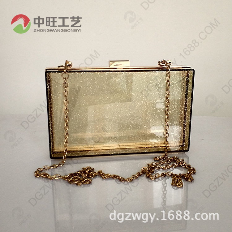 厂家加工半透明亚克力金粉女包 日韩潮流方形有机玻璃链条晚宴包