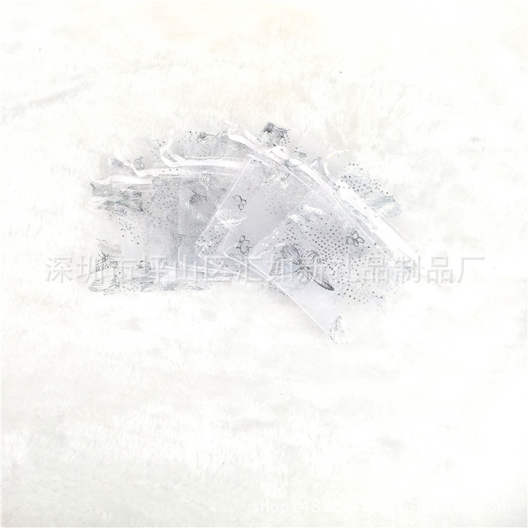 供应7*9白色蝴蝶烫银烫金欧根纱袋/雪纱束口网纱袋/饰品包装袋