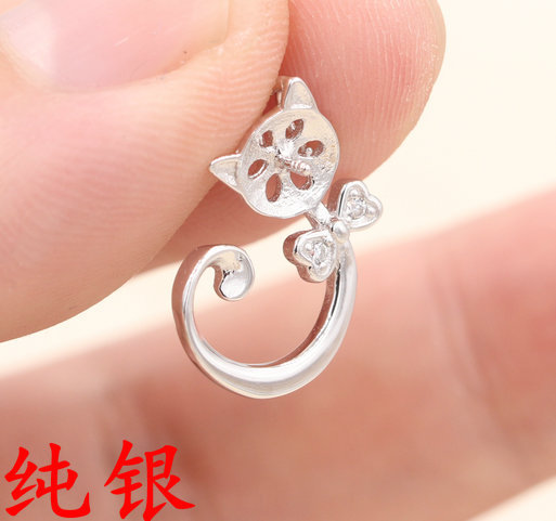 s925纯银珍珠吊坠 配件 珍珠项坠空托配饰 diy项链坠子 俏皮小猫