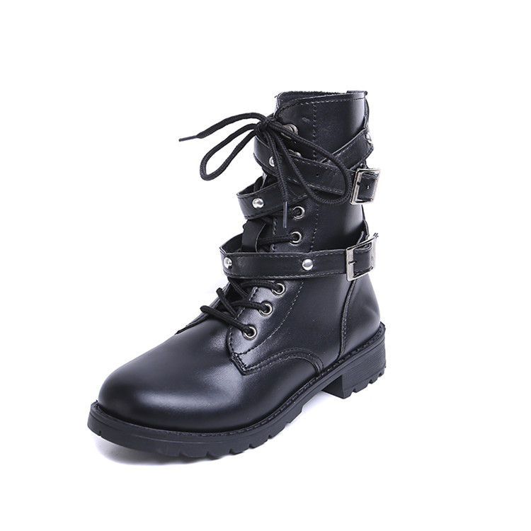 秋冬款欧美皮带扣平底短筒靴系带铆钉圆头机车马丁靴休闲情侣靴