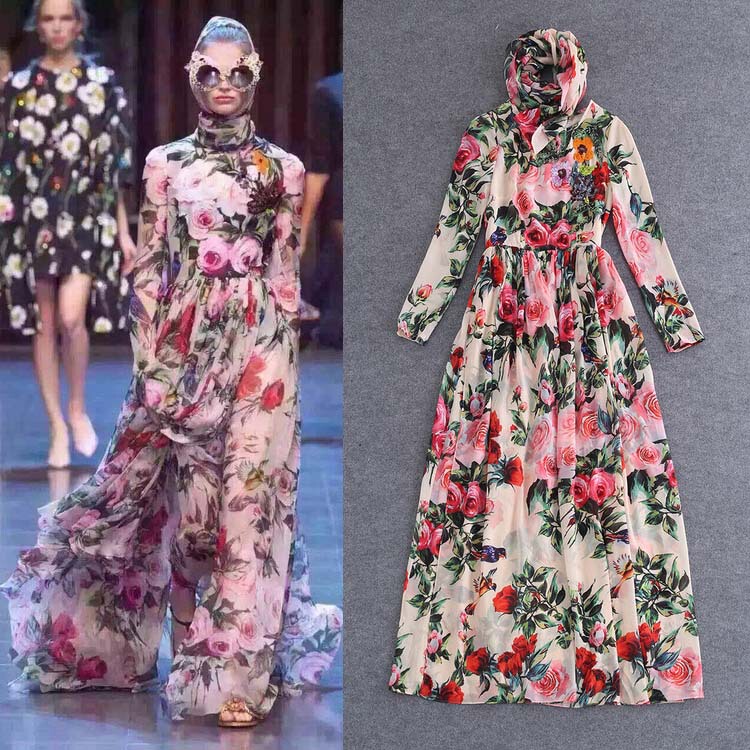 European and American 2023 Spring and Summer New Sequin Beaded Rose Printed Elegant Large Swing Holiday Long Dress with Silk Scarf