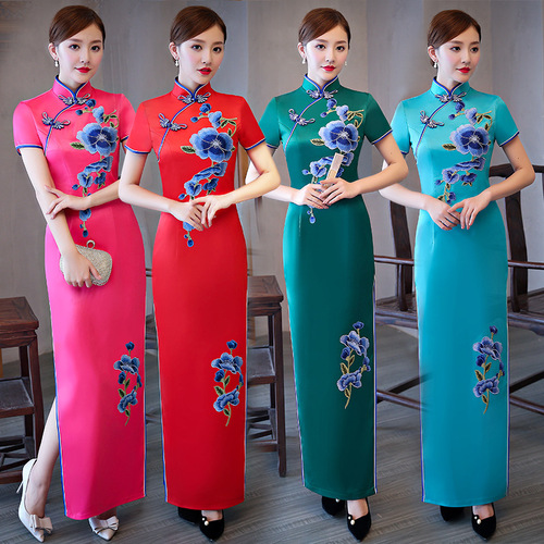 Chinese Dress Qipao Cheongsam performance Dress Satin Embroidered cheongsam dress custom show