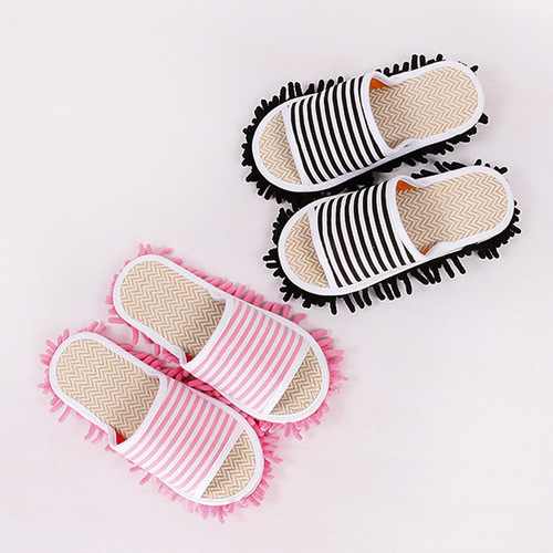 Spring and Summer Linen Lazy Mop Slippers with Classic Stripes, Japanese Style, Detachable Washable Home Wood Floor Mop Slippers