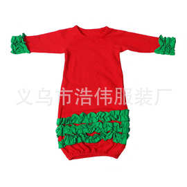欧美外贸热卖圣诞节款褶皱花边婴幼儿睡袋衣 纯棉舒适睡衣 睡裙