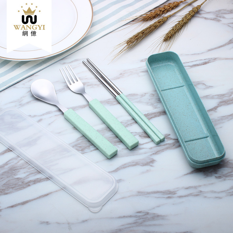 不锈钢勺叉筷小麦秸秆三件套餐具学生旅行便携餐具套装厂家直供