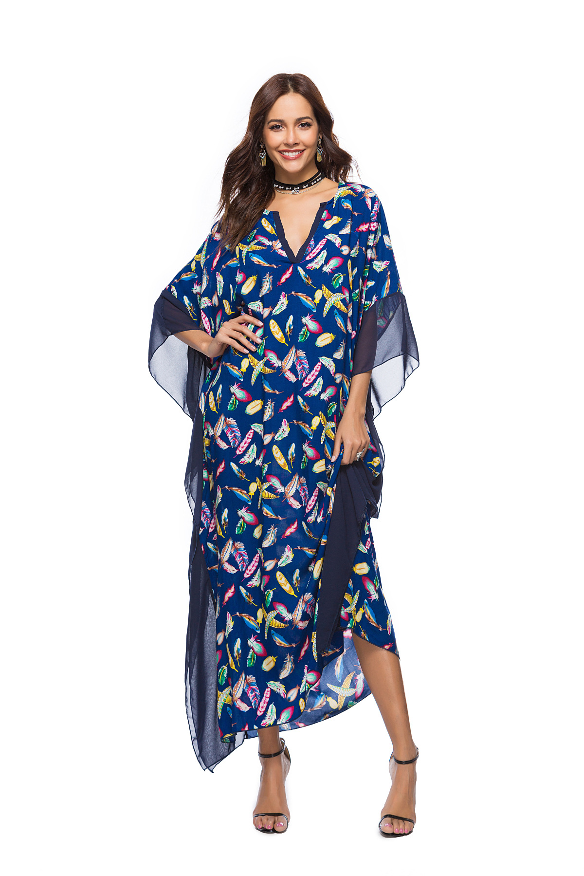 spring new V-neck bat sleeve printed dress NSDF25588