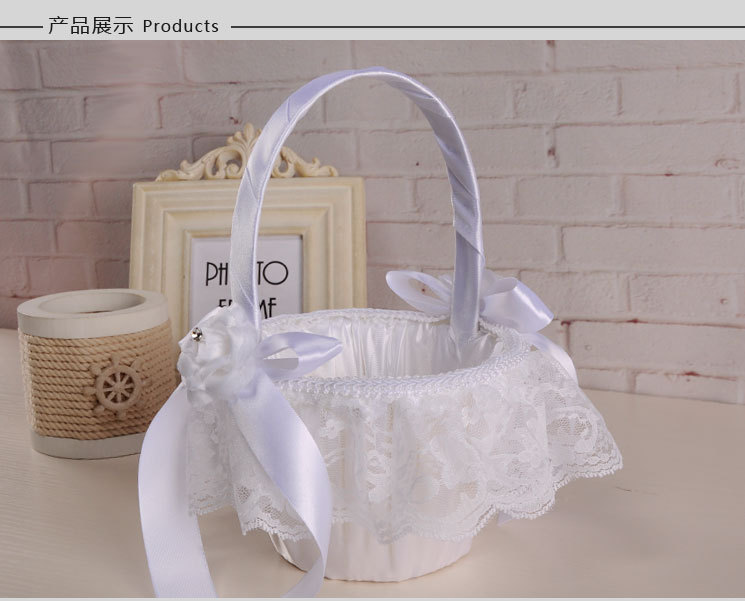 Wedding products, wedding products, wedding products, wedding products, wedding products, wedding products, direct supply from wedding products manufacturers. European-style wedding supplies, lace fabric flower baskets, white handcrafted bow flower baskets, flower scattering baskets for children wholesale detail image 6