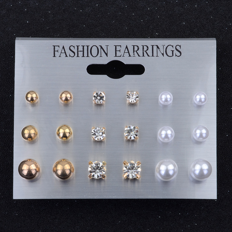 Jewelry Pearl Rhinestone Earrings Stud Earrings 9 Pairs Board Set display picture 5