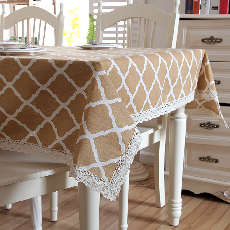 Polyester-cotton Modern Simple Geometric Diamond Pattern With Lace Edges, Yellow Coffee Table Dining Tablecloth,_voghion.com