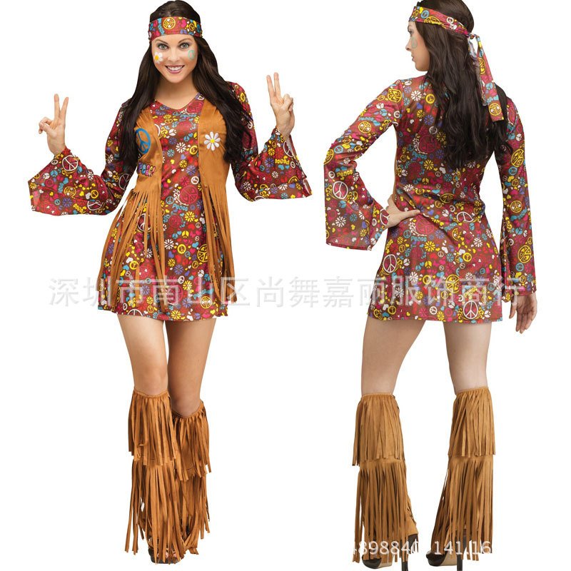 实拍万圣节服装复古60年代70年代嬉皮士表演装酒吧夜店演出服 阿里巴巴