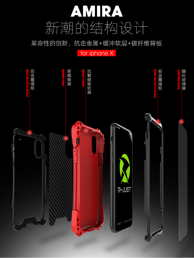 R-Just Amira Heavy Duty Dirtproof Shockproof Rainproof Aluminum Metal Bumper Carbon Fiber Back Cover Case for Apple iPhone X