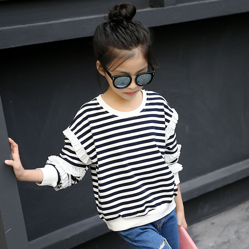 Girls Spring and Autumn 2024 New Round Neck Tops Children's Striped Long Sleeve T-Shirts Korean Style Bottoming Spring Tide for Big Children