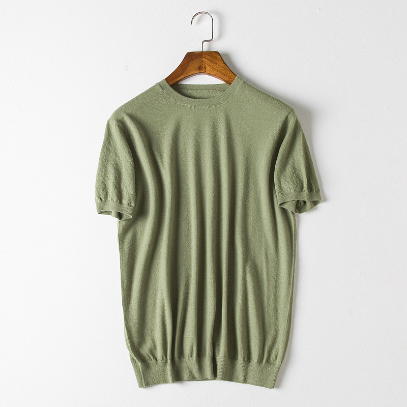 小奢品质精纺圆领纯山羊绒青年男装短袖套头纯色打底衫薄百搭毛衣