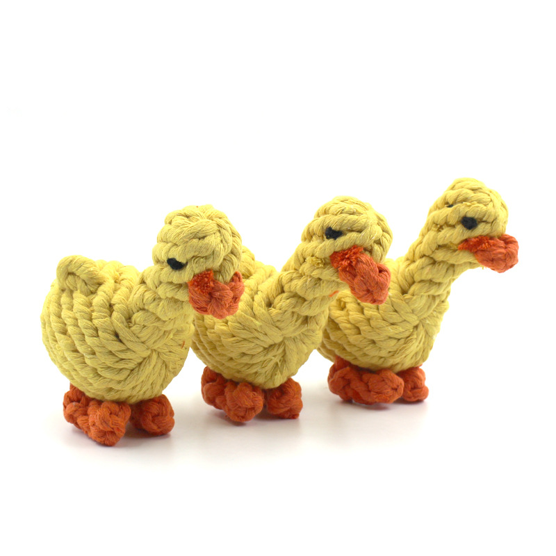 Venta al por mayor juguete de cuerda de algodón para mascotas tejido a mano pequeño pato amarillo gato perro diente limpieza molar animal modelado juguete image 4
