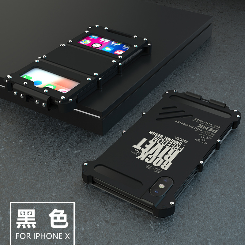 Armor King Iron Man Stainless Steel Dual Window Rivet Leather 360° Flip Case Cover for Apple iPhone X