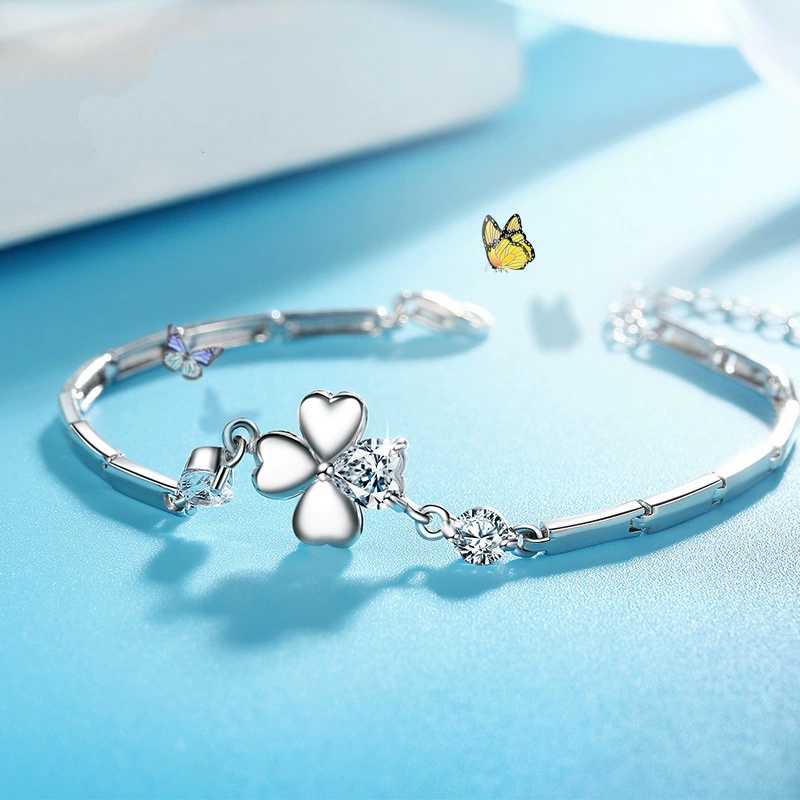 Серебряный браслет, модные украшения, четыре листа клевера, японский и корейский стиль, корейский стиль, простой и элегантный дизайн
