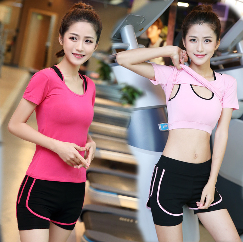Yoga Sports Suit for Women, Short-Sleeved Gym Running Clothes, Fake Two-Piece Shorts, Three-Piece Set, Bra, Fitness Essentials