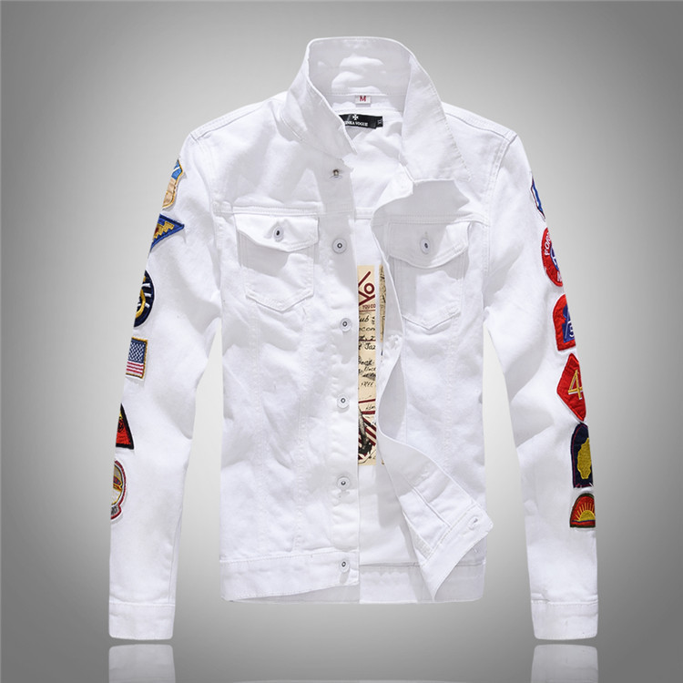 Military Style Men White Denim Jacket With Badges New Mens White Jean
