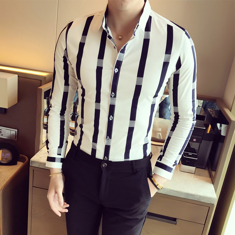 Autumn new pattern man Large Long sleeve shirt England stripe shirt Trend handsome Hair Stylist Self cultivation men's wear