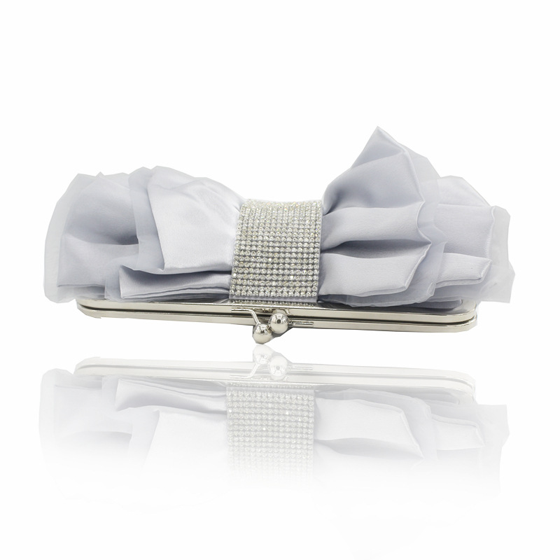 Túi clutch dạ tiệc satin nơ xếp ly đính kim cương – kèm dây đeo chéo — Màu đỏ, Màu đen, Màu Sâm panh, Màu bạc chi tiết 13