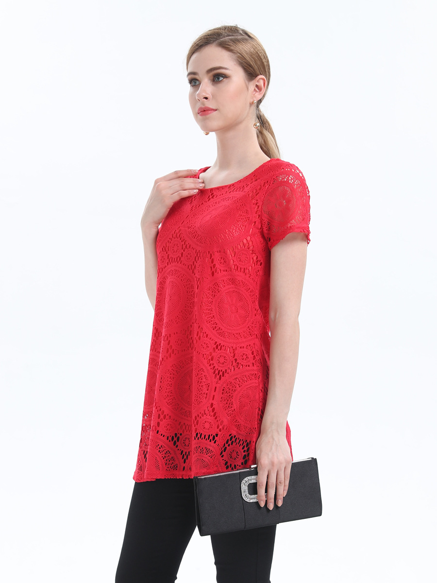 Large Size Round Neck Short Sleeve Lace Shirt  NSJR36768